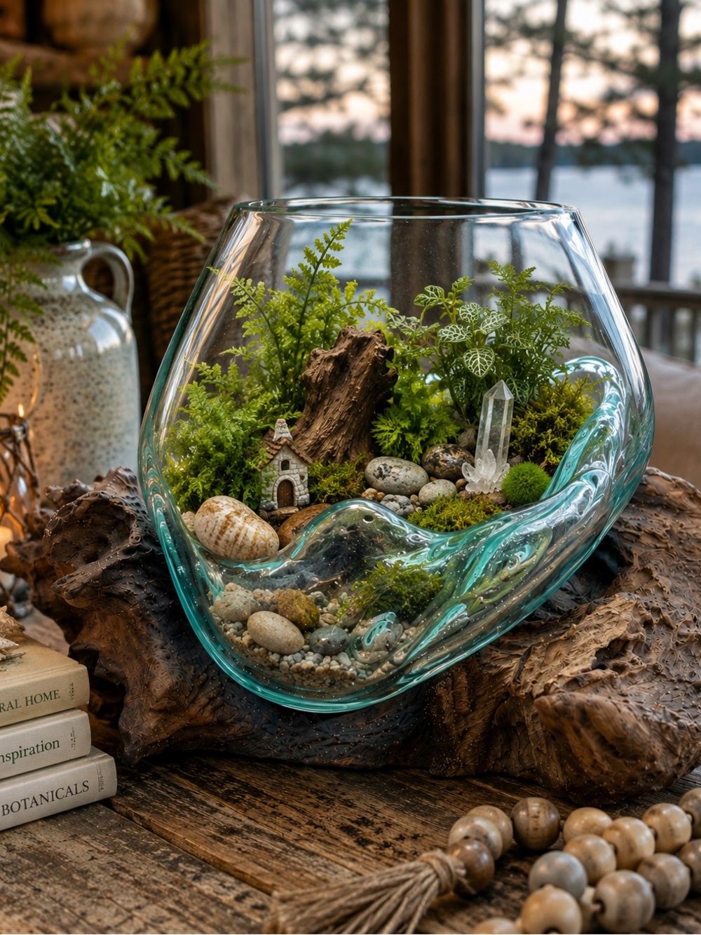 Vtg Organic Modern Burl Wood & Hand Blown Glass Terrarium Bowl MCM Studio Decor - Picture 6 of 8